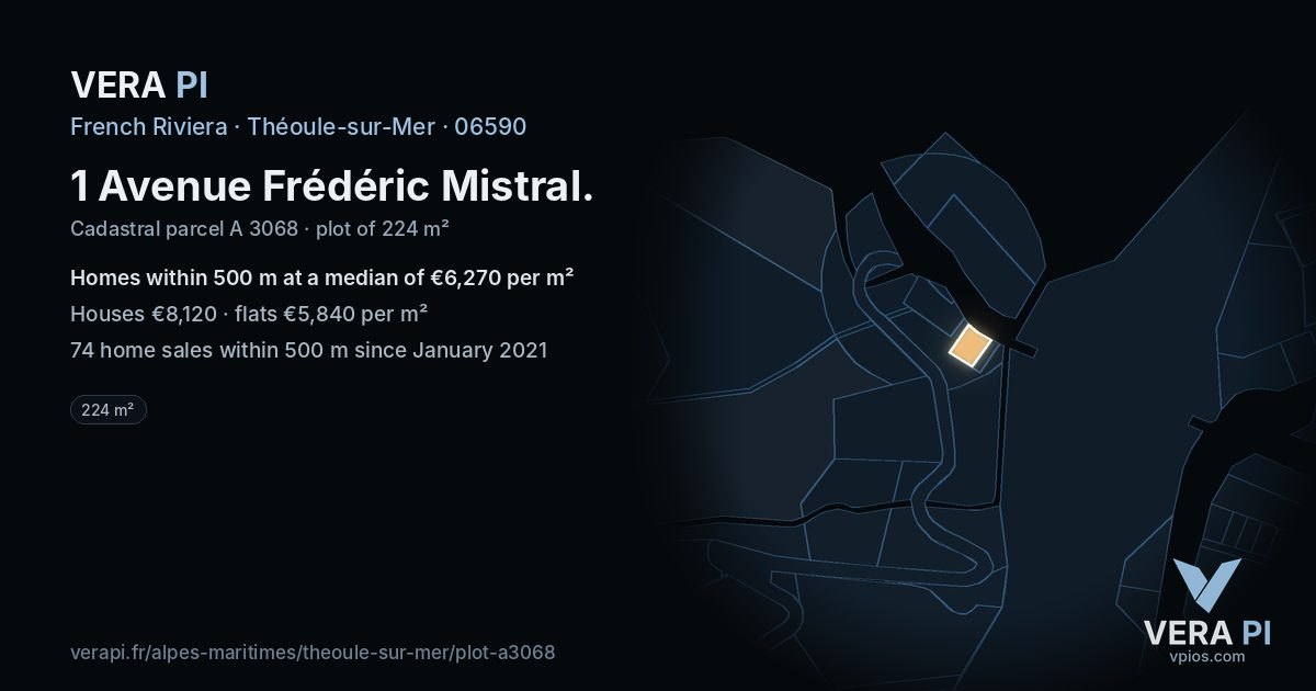 1 Avenue Frédéric Mistral, Théoule-sur-Mer at night – the plot lit, the parcels around coloured by the prices near them