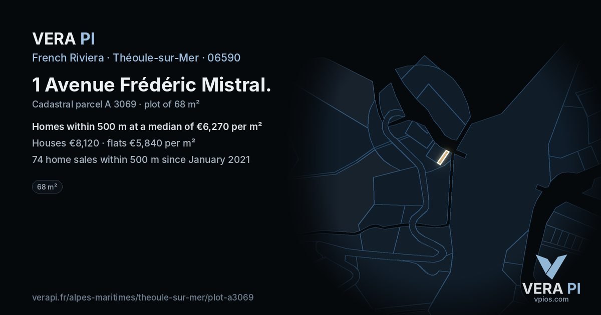 1 Avenue Frédéric Mistral, Théoule-sur-Mer at night – the plot lit, the parcels around coloured by the prices near them