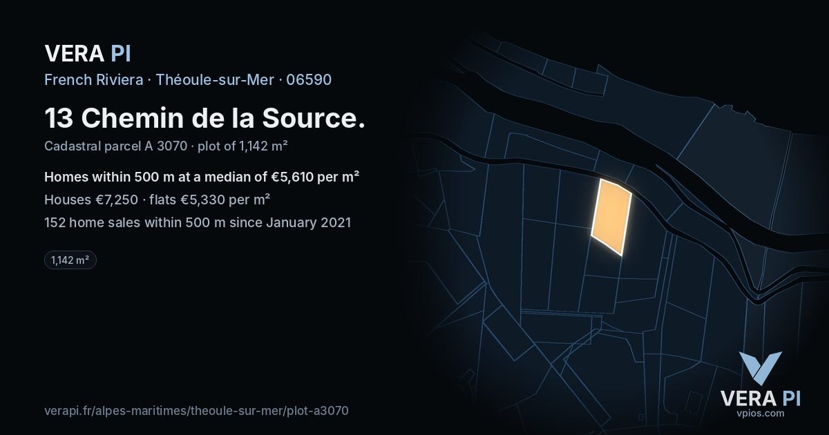 13 Chemin de la Source, Théoule-sur-Mer at night – the plot lit, the parcels around coloured by the prices near them