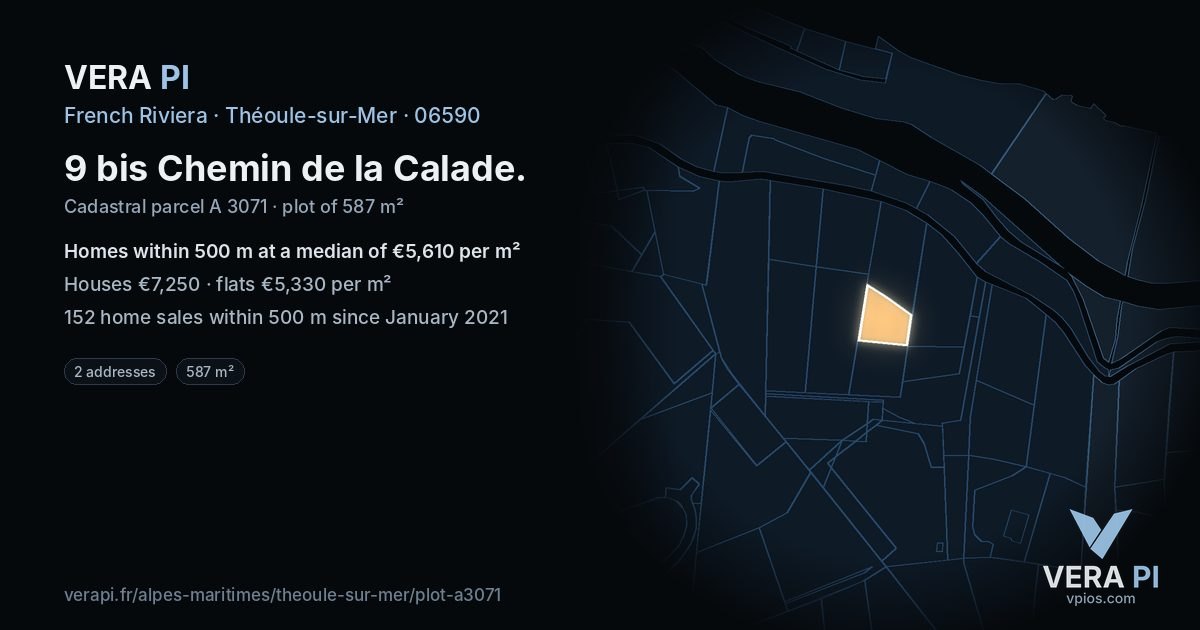 9 bis Chemin de la Calade, Théoule-sur-Mer at night – the plot lit, the parcels around coloured by the prices near them