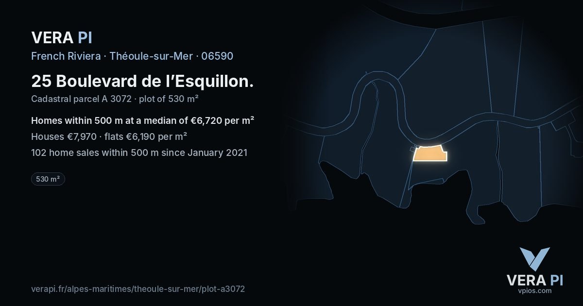 25 Boulevard de l’Esquillon, Théoule-sur-Mer at night – the plot lit, the parcels around coloured by the prices near them