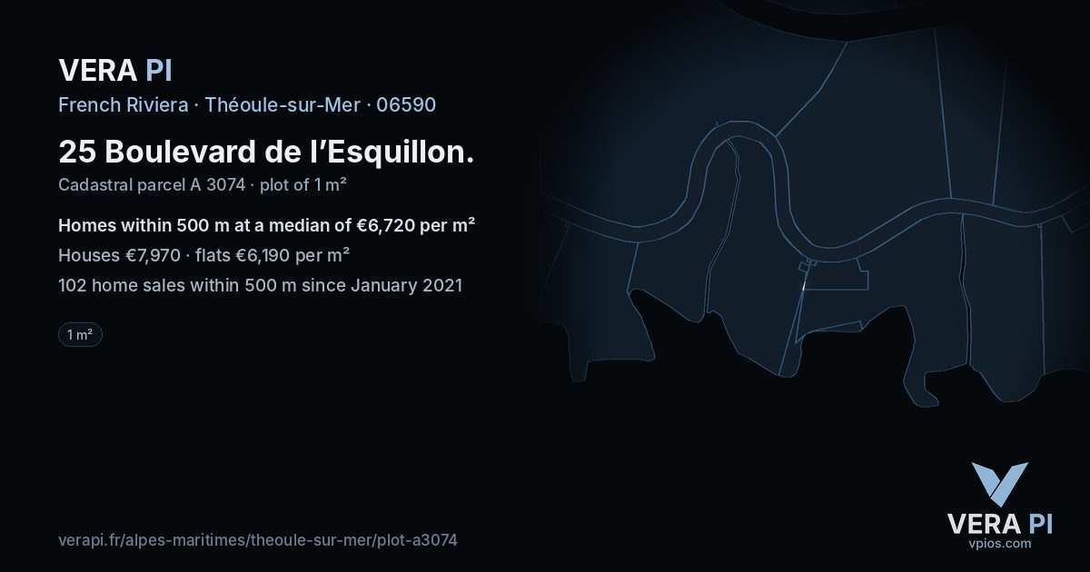 25 Boulevard de l’Esquillon, Théoule-sur-Mer at night – the plot lit, the parcels around coloured by the prices near them