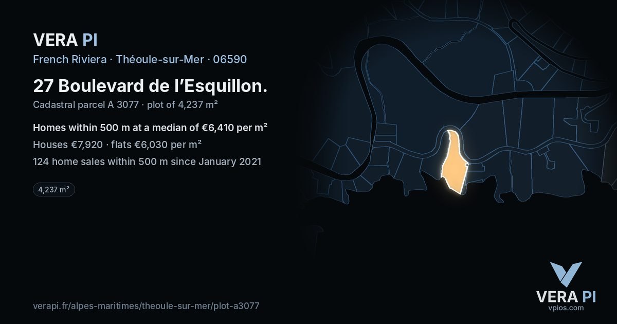 27 Boulevard de l’Esquillon, Théoule-sur-Mer at night – the plot lit, the parcels around coloured by the prices near them