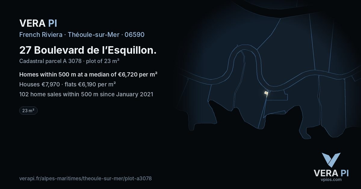 27 Boulevard de l’Esquillon, Théoule-sur-Mer at night – the plot lit, the parcels around coloured by the prices near them