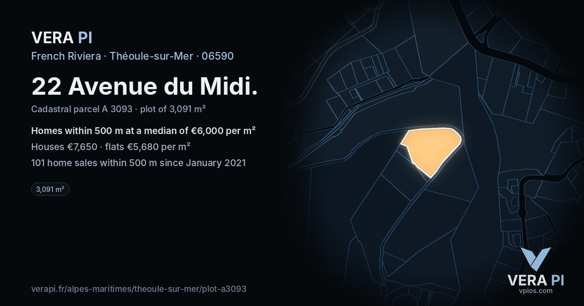 22 Avenue du Midi, Théoule-sur-Mer at night – the plot lit, the parcels around coloured by the prices near them