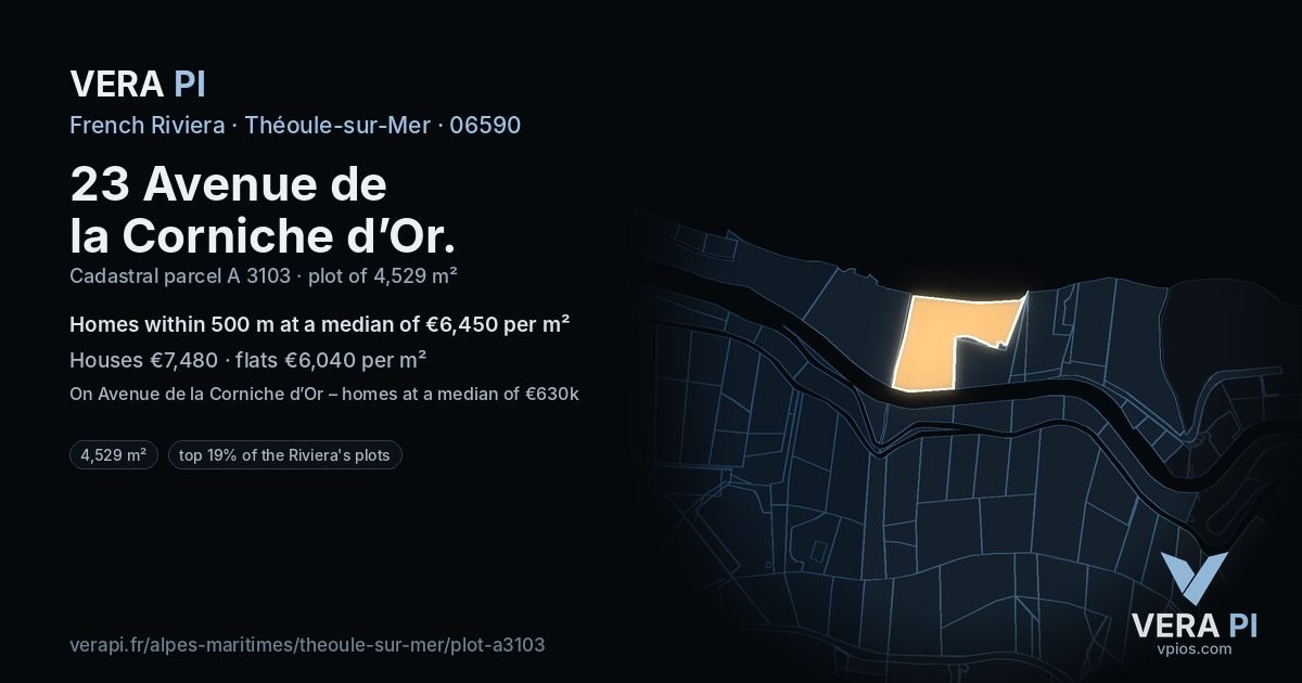 23 Avenue de la Corniche d’Or, Théoule-sur-Mer at night – the plot lit, the parcels around coloured by the prices near them