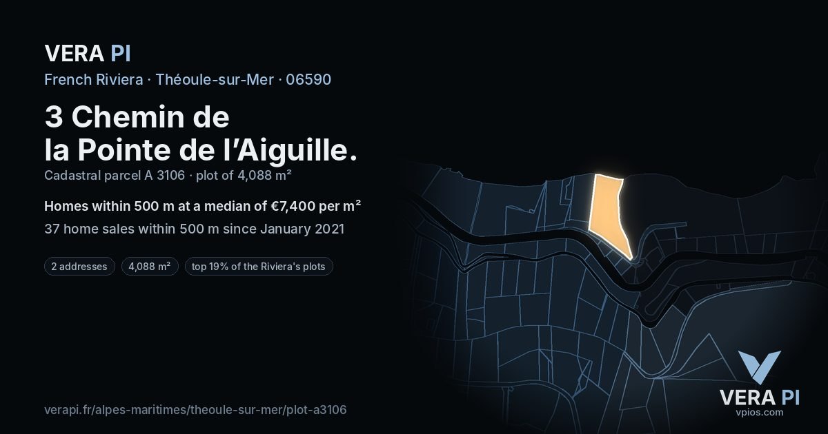 3 Chemin de la Pointe de l’Aiguille, Théoule-sur-Mer at night – the plot lit, the parcels around coloured by the prices near them