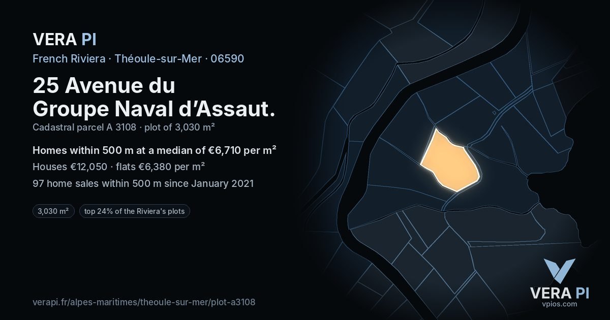 25 Avenue du Groupe Naval d’Assaut, Théoule-sur-Mer at night – the plot lit, the parcels around coloured by the prices near them