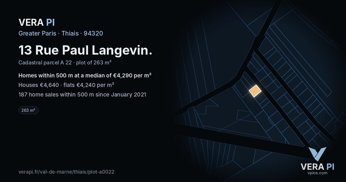 13 Rue Paul Langevin, Thiais at night – the plot lit, the parcels around coloured by the prices near them