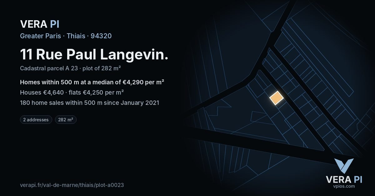 11 Rue Paul Langevin, Thiais at night – the plot lit, the parcels around coloured by the prices near them
