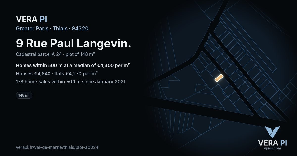 9 Rue Paul Langevin, Thiais at night – the plot lit, the parcels around coloured by the prices near them