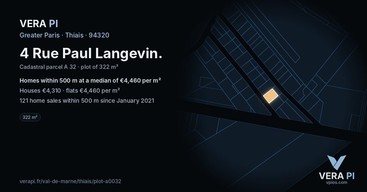 4 Rue Paul Langevin, Thiais at night – the plot lit, the parcels around coloured by the prices near them