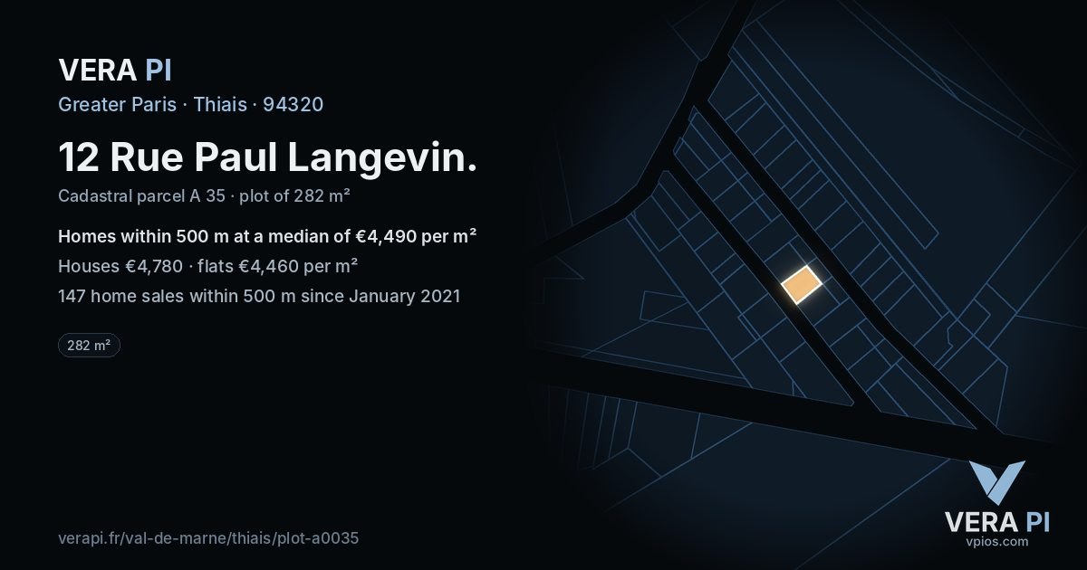 12 Rue Paul Langevin, Thiais at night – the plot lit, the parcels around coloured by the prices near them
