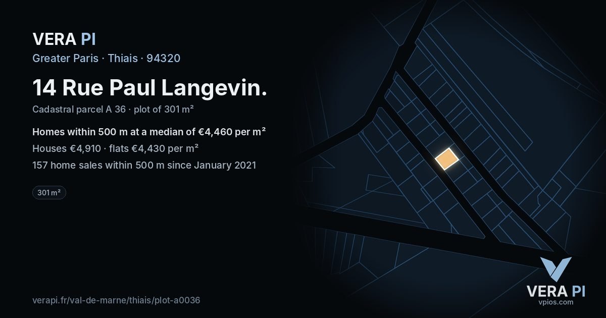 14 Rue Paul Langevin, Thiais at night – the plot lit, the parcels around coloured by the prices near them