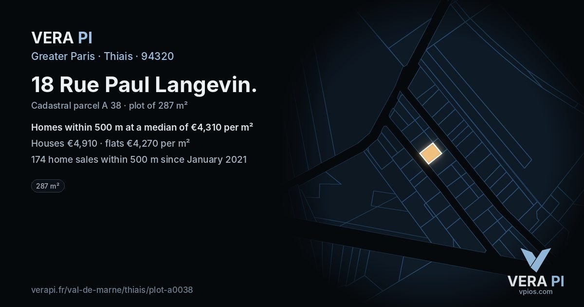 18 Rue Paul Langevin, Thiais at night – the plot lit, the parcels around coloured by the prices near them