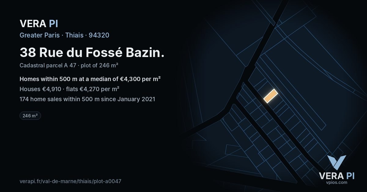 38 Rue du Fossé Bazin, Thiais at night – the plot lit, the parcels around coloured by the prices near them