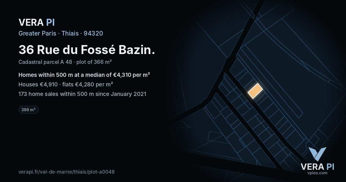 36 Rue du Fossé Bazin, Thiais at night – the plot lit, the parcels around coloured by the prices near them