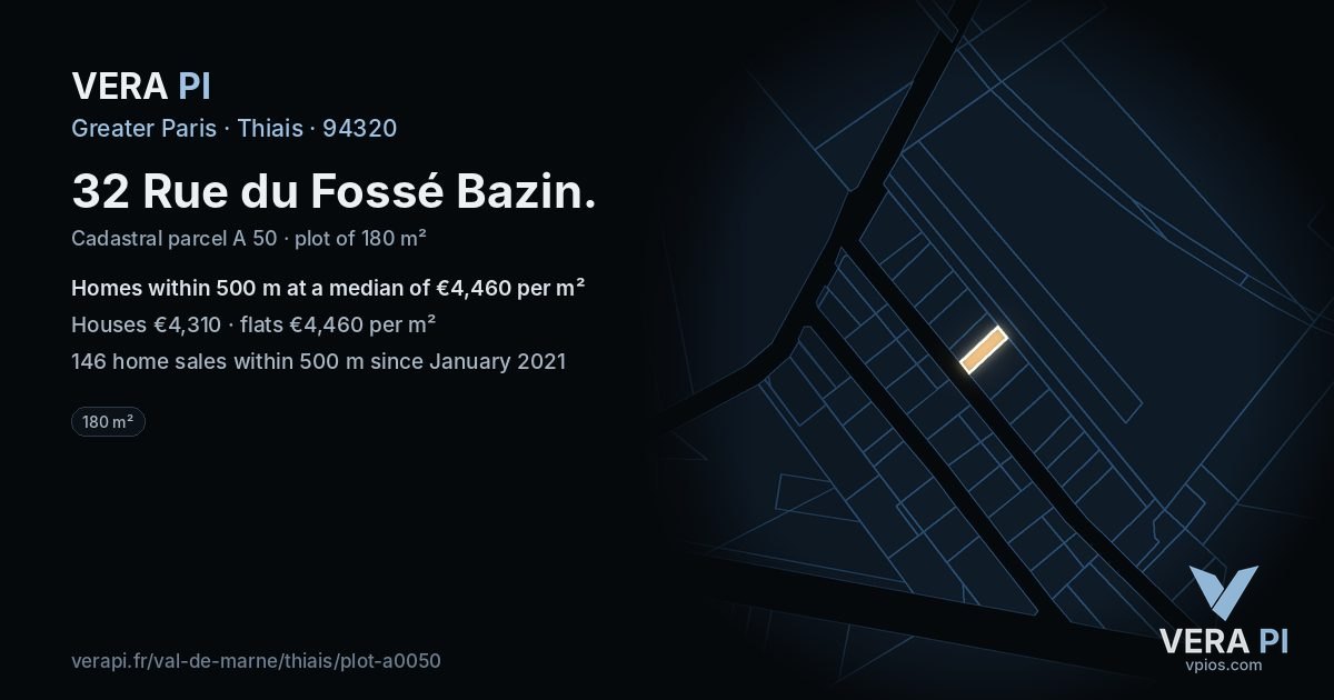 32 Rue du Fossé Bazin, Thiais at night – the plot lit, the parcels around coloured by the prices near them