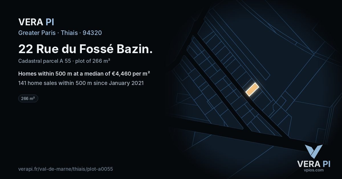 22 Rue du Fossé Bazin, Thiais at night – the plot lit, the parcels around coloured by the prices near them