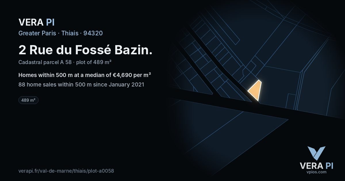 2 Rue du Fossé Bazin, Thiais at night – the plot lit, the parcels around coloured by the prices near them
