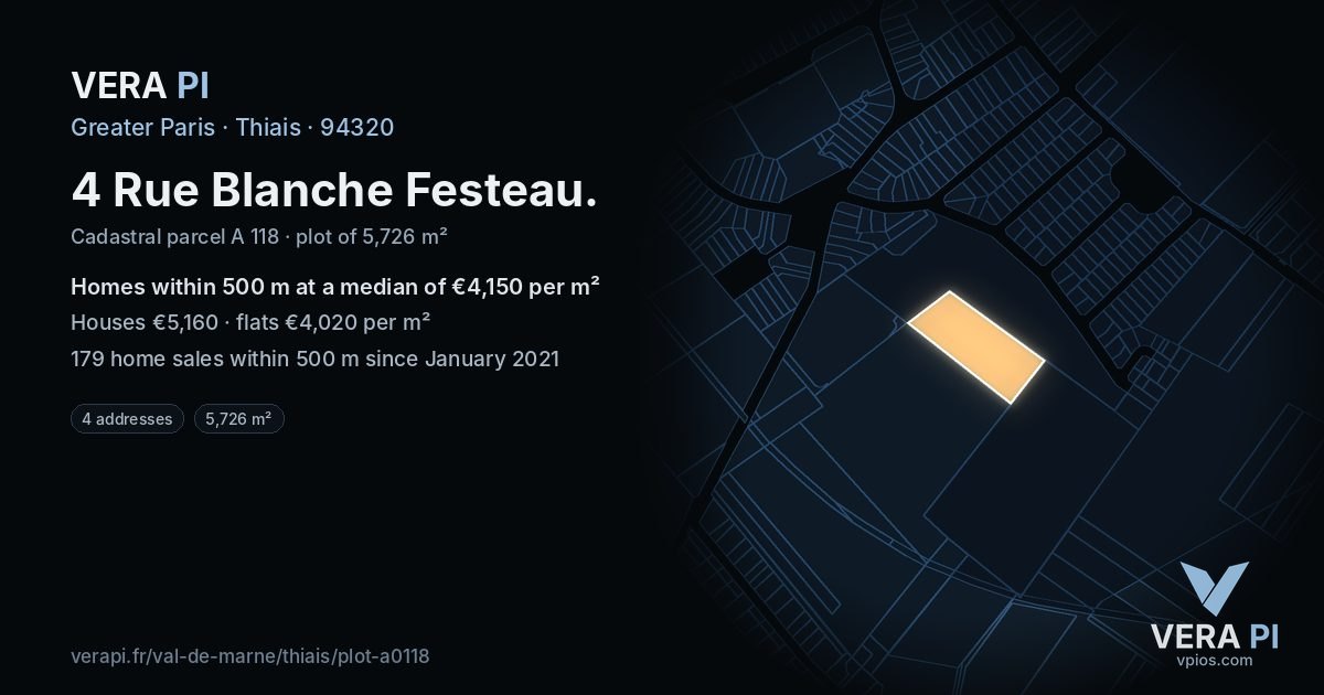 4 Rue Blanche Festeau, Thiais at night – the plot lit, the parcels around coloured by the prices near them