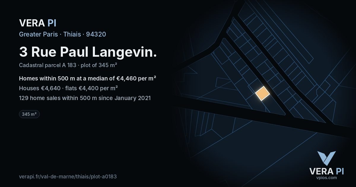 3 Rue Paul Langevin, Thiais at night – the plot lit, the parcels around coloured by the prices near them