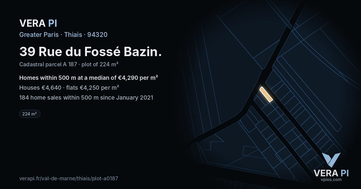 39 Rue du Fossé Bazin, Thiais at night – the plot lit, the parcels around coloured by the prices near them