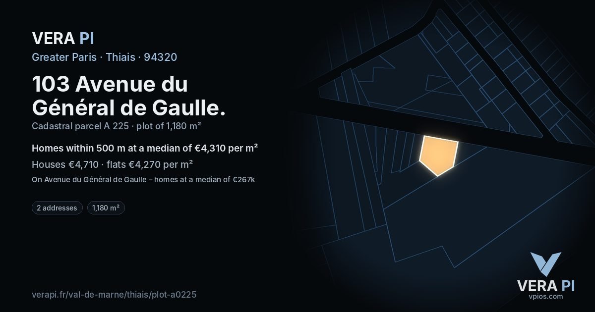 103 Avenue du Général de Gaulle, Thiais at night – the plot lit, the parcels around coloured by the prices near them