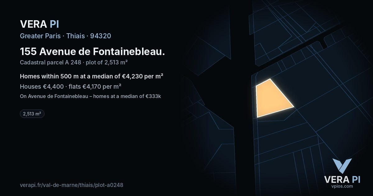 155 Avenue de Fontainebleau, Thiais at night – the plot lit, the parcels around coloured by the prices near them