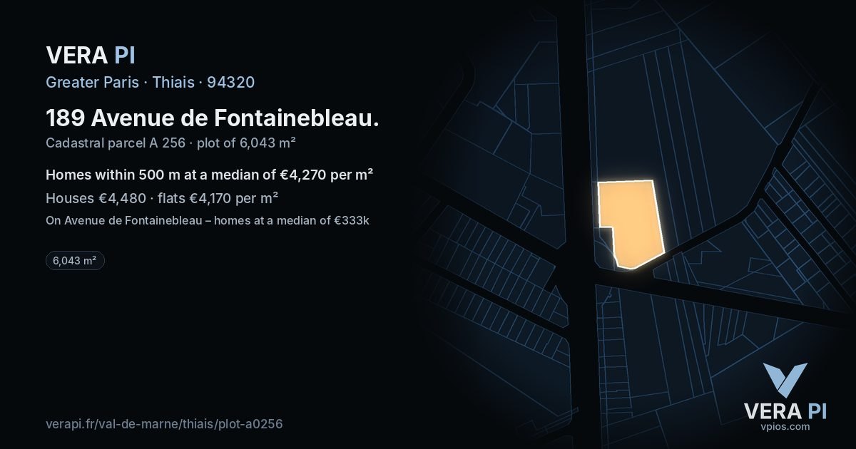 189 Avenue de Fontainebleau, Thiais at night – the plot lit, the parcels around coloured by the prices near them