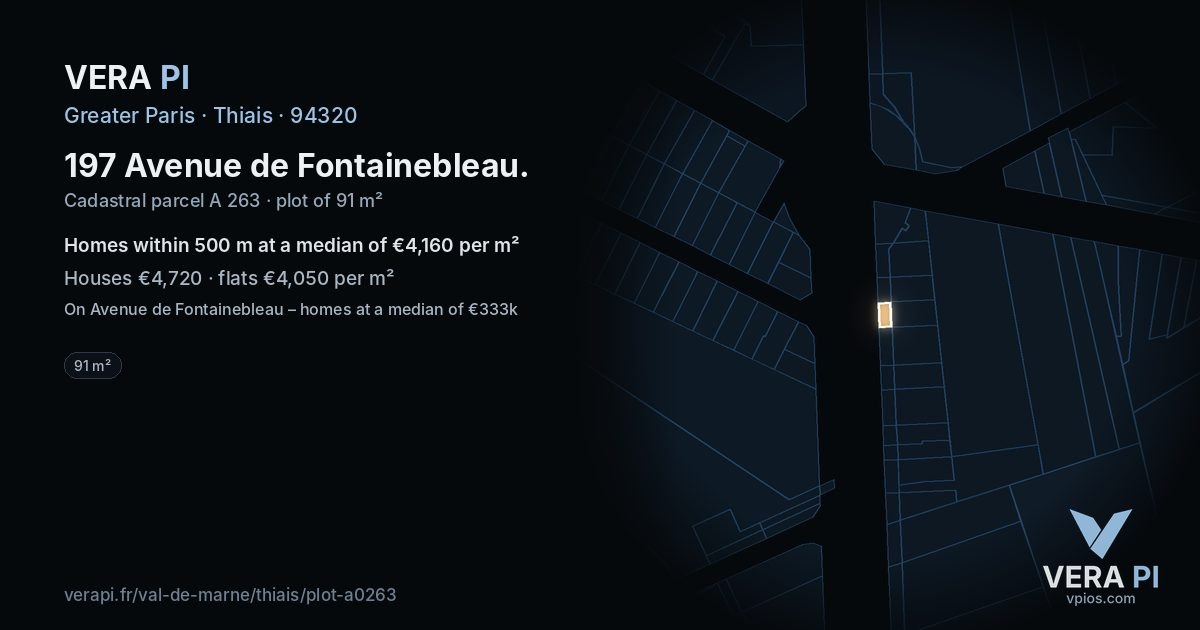 197 Avenue de Fontainebleau, Thiais at night – the plot lit, the parcels around coloured by the prices near them