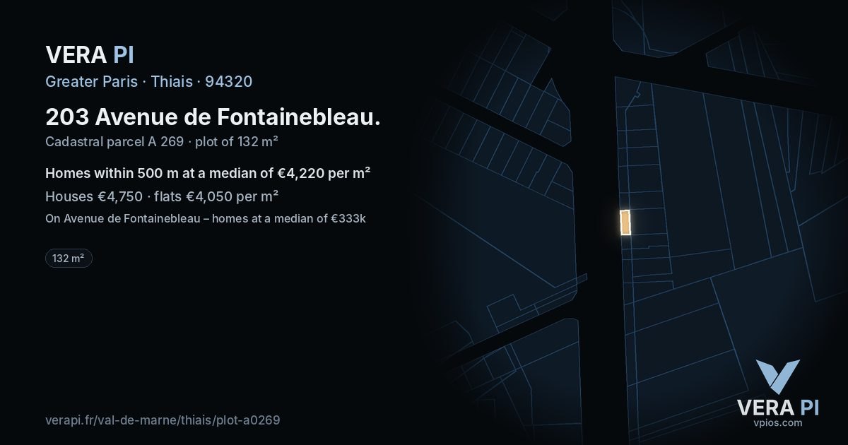 203 Avenue de Fontainebleau, Thiais at night – the plot lit, the parcels around coloured by the prices near them