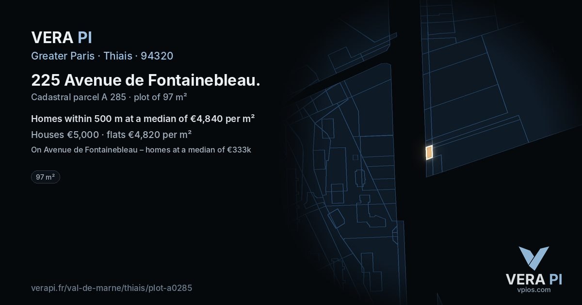 225 Avenue de Fontainebleau, Thiais at night – the plot lit, the parcels around coloured by the prices near them