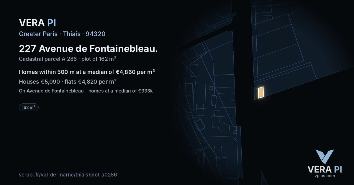 227 Avenue de Fontainebleau, Thiais at night – the plot lit, the parcels around coloured by the prices near them