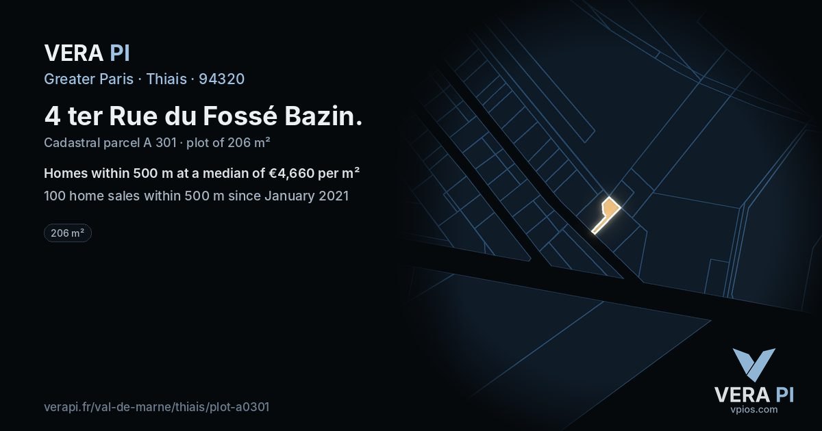 4 ter Rue du Fossé Bazin, Thiais at night – the plot lit, the parcels around coloured by the prices near them
