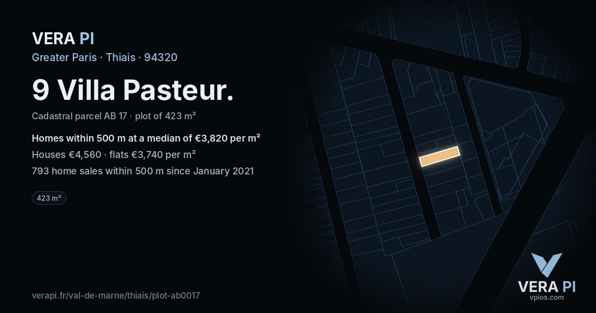 9 Villa Pasteur, Thiais at night – the plot lit, the parcels around coloured by the prices near them