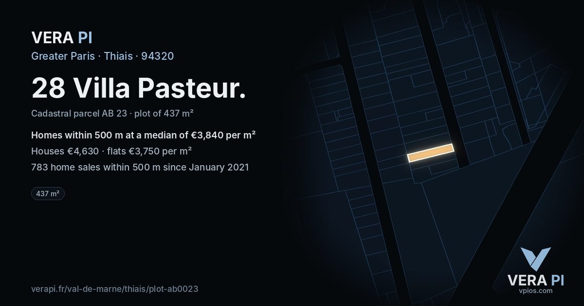 28 Villa Pasteur, Thiais at night – the plot lit, the parcels around coloured by the prices near them