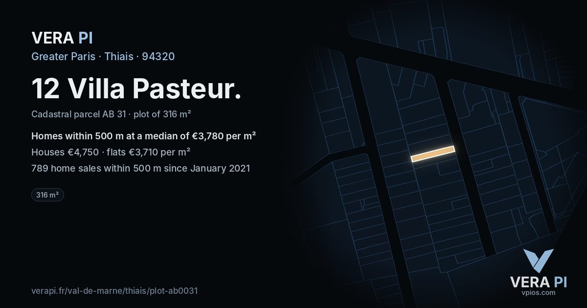 12 Villa Pasteur, Thiais at night – the plot lit, the parcels around coloured by the prices near them