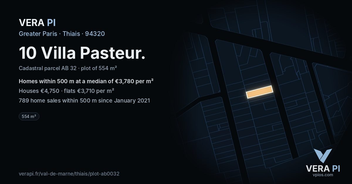 10 Villa Pasteur, Thiais at night – the plot lit, the parcels around coloured by the prices near them