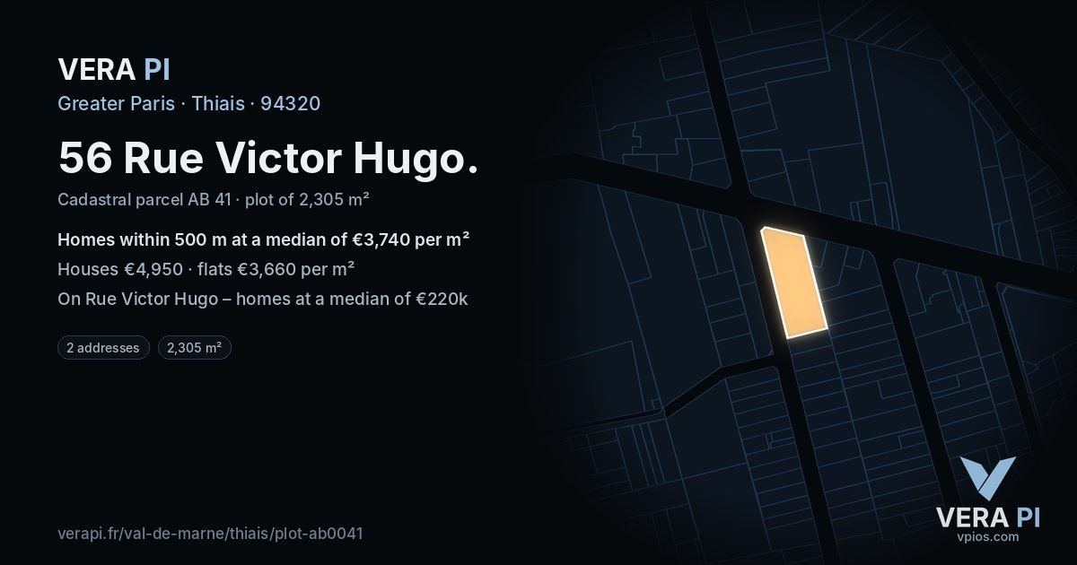 56 Rue Victor Hugo, Thiais at night – the plot lit, the parcels around coloured by the prices near them