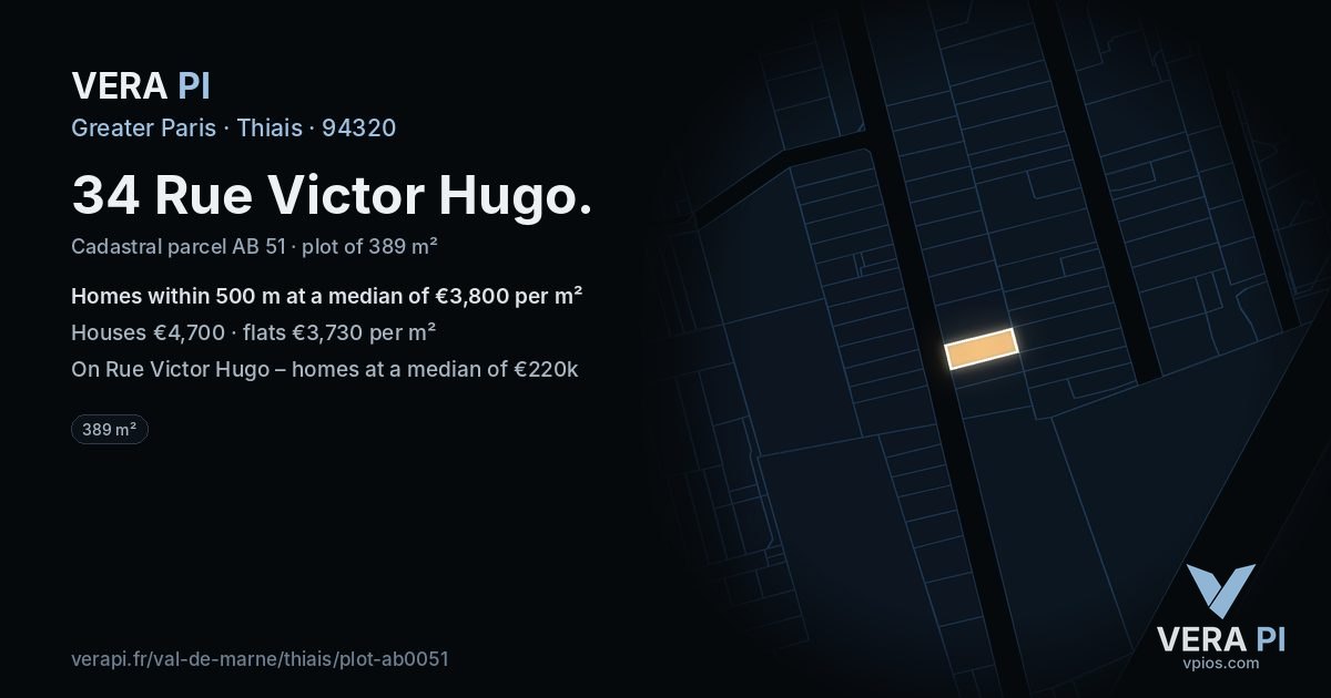 34 Rue Victor Hugo, Thiais at night – the plot lit, the parcels around coloured by the prices near them