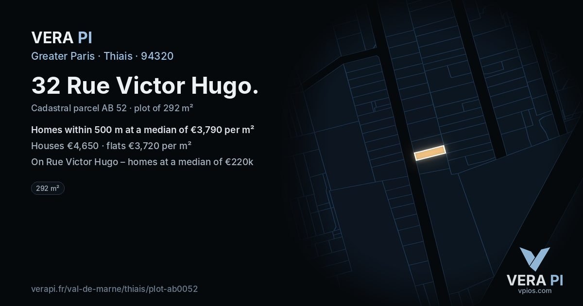 32 Rue Victor Hugo, Thiais at night – the plot lit, the parcels around coloured by the prices near them