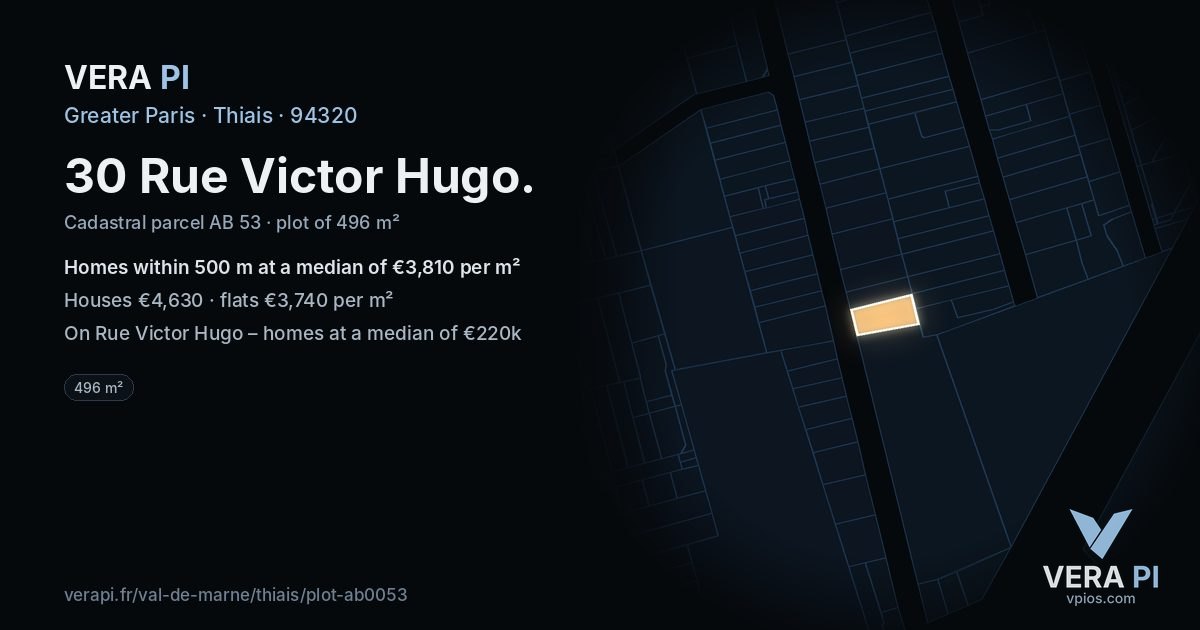 30 Rue Victor Hugo, Thiais at night – the plot lit, the parcels around coloured by the prices near them