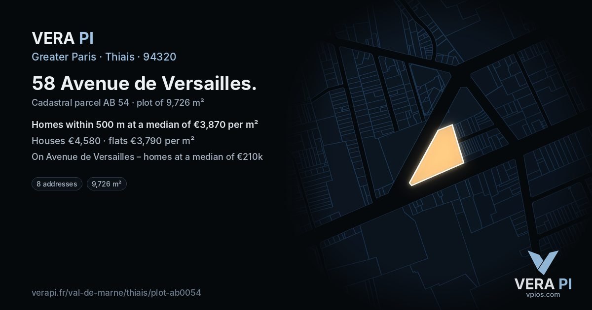 58 Avenue de Versailles, Thiais at night – the plot lit, the parcels around coloured by the prices near them
