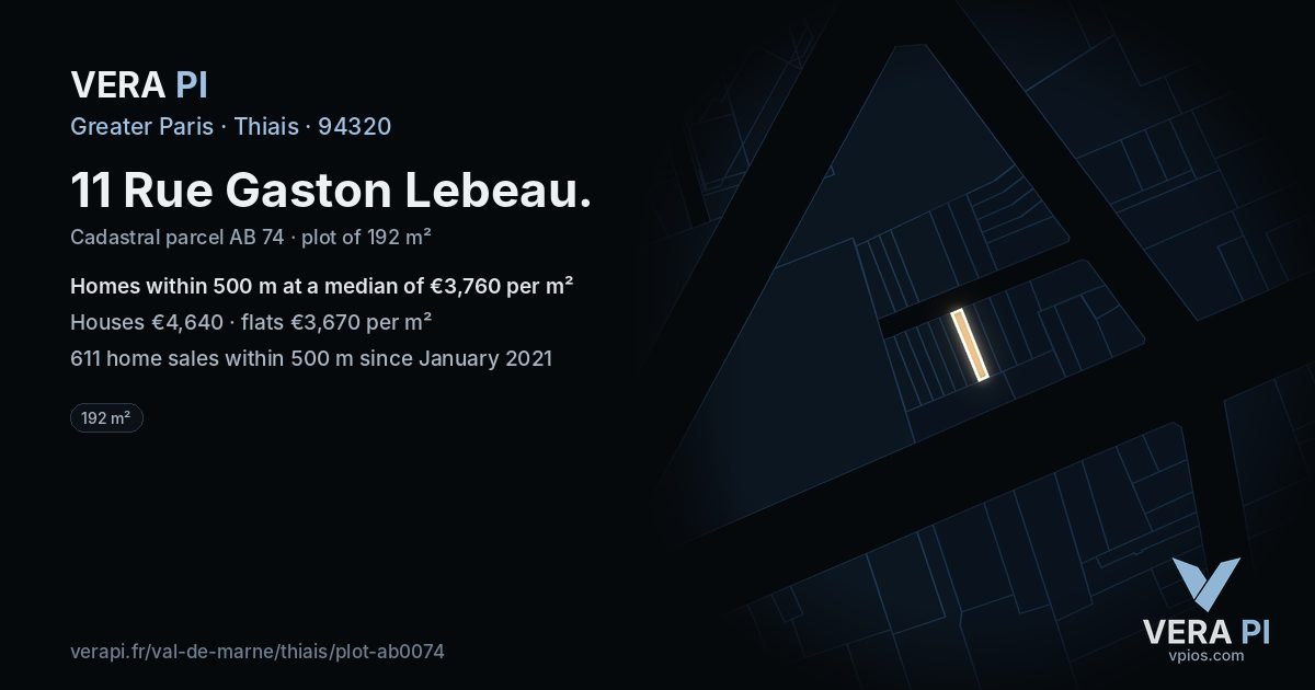 11 Rue Gaston Lebeau, Thiais at night – the plot lit, the parcels around coloured by the prices near them