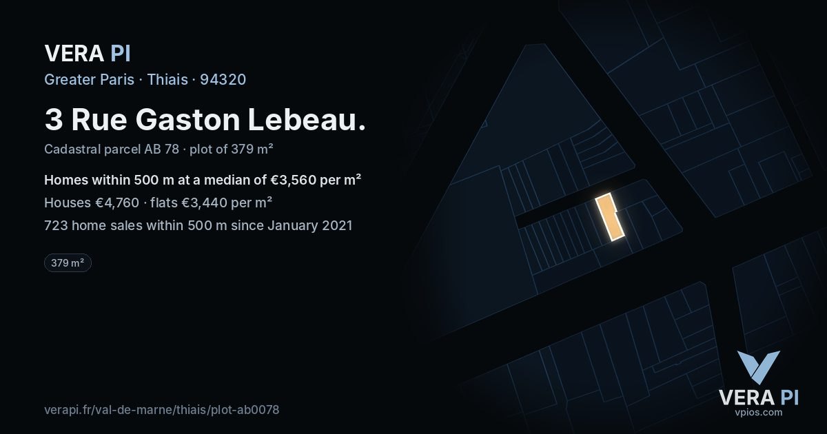3 Rue Gaston Lebeau, Thiais at night – the plot lit, the parcels around coloured by the prices near them