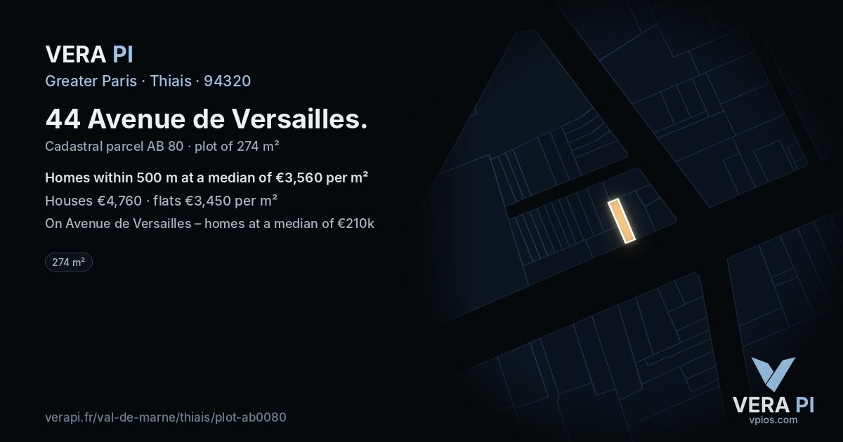 44 Avenue de Versailles, Thiais at night – the plot lit, the parcels around coloured by the prices near them
