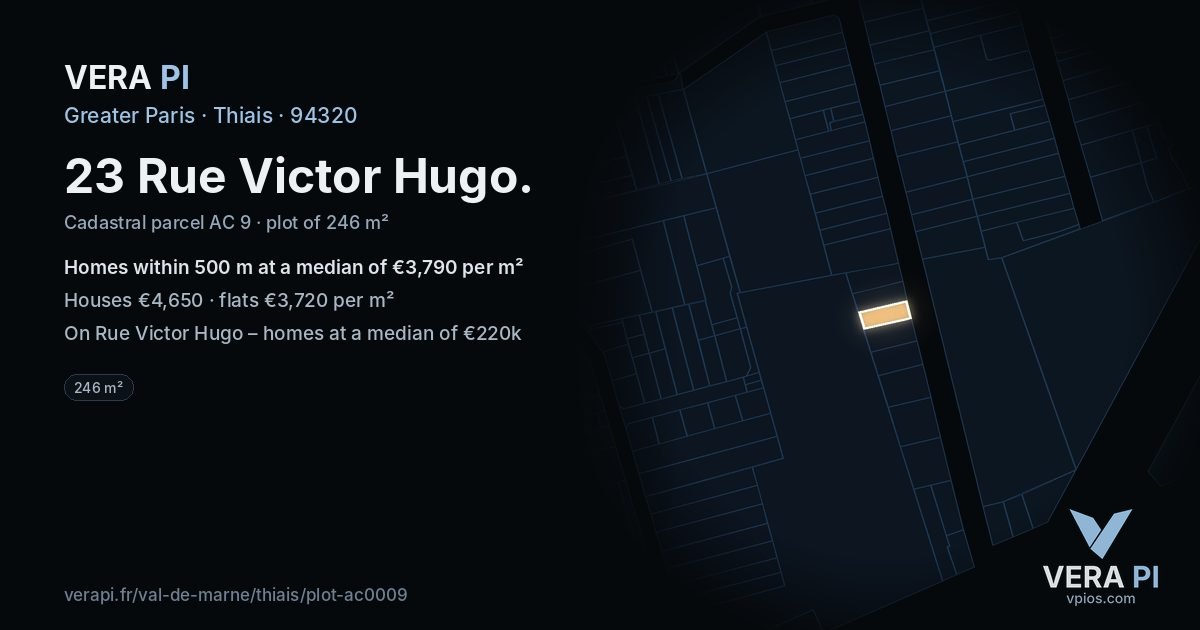 23 Rue Victor Hugo, Thiais at night – the plot lit, the parcels around coloured by the prices near them
