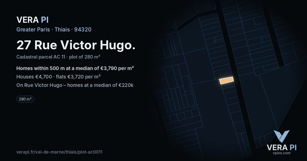 27 Rue Victor Hugo, Thiais at night – the plot lit, the parcels around coloured by the prices near them