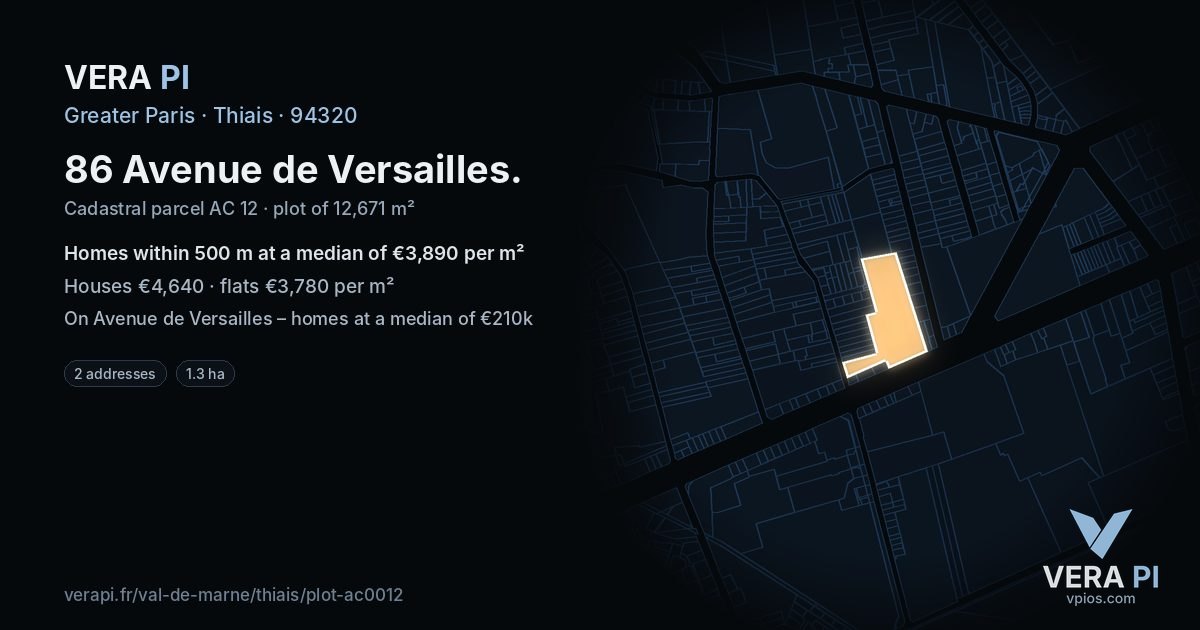 86 Avenue de Versailles, Thiais at night – the plot lit, the parcels around coloured by the prices near them